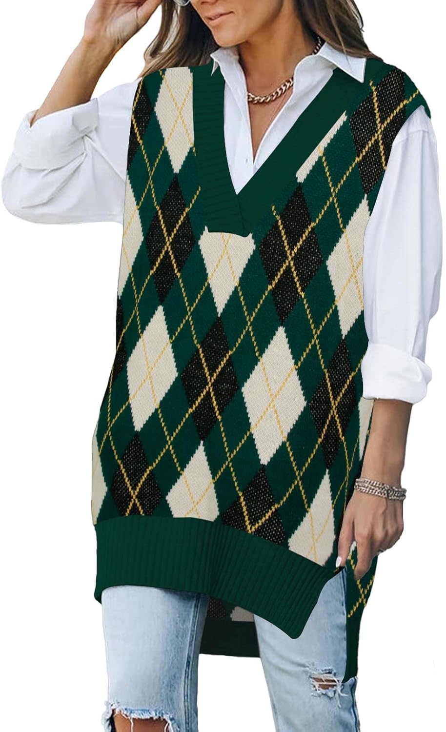 Viottiset Women's Oversized V Neck Knit Sweater Vest Tunic