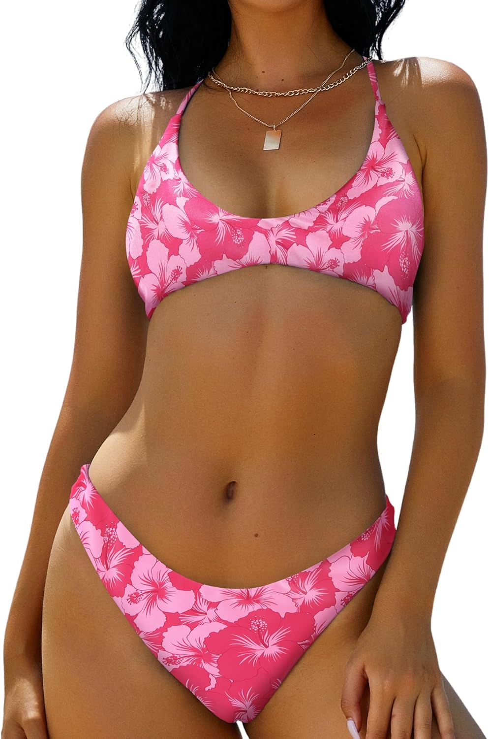 ZAFUL Women's Tie Back Padded High Cut Bralette Bikini Set