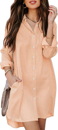 Womens Button Down Shirt Dress with Pockets - Striped Cotton Tunic