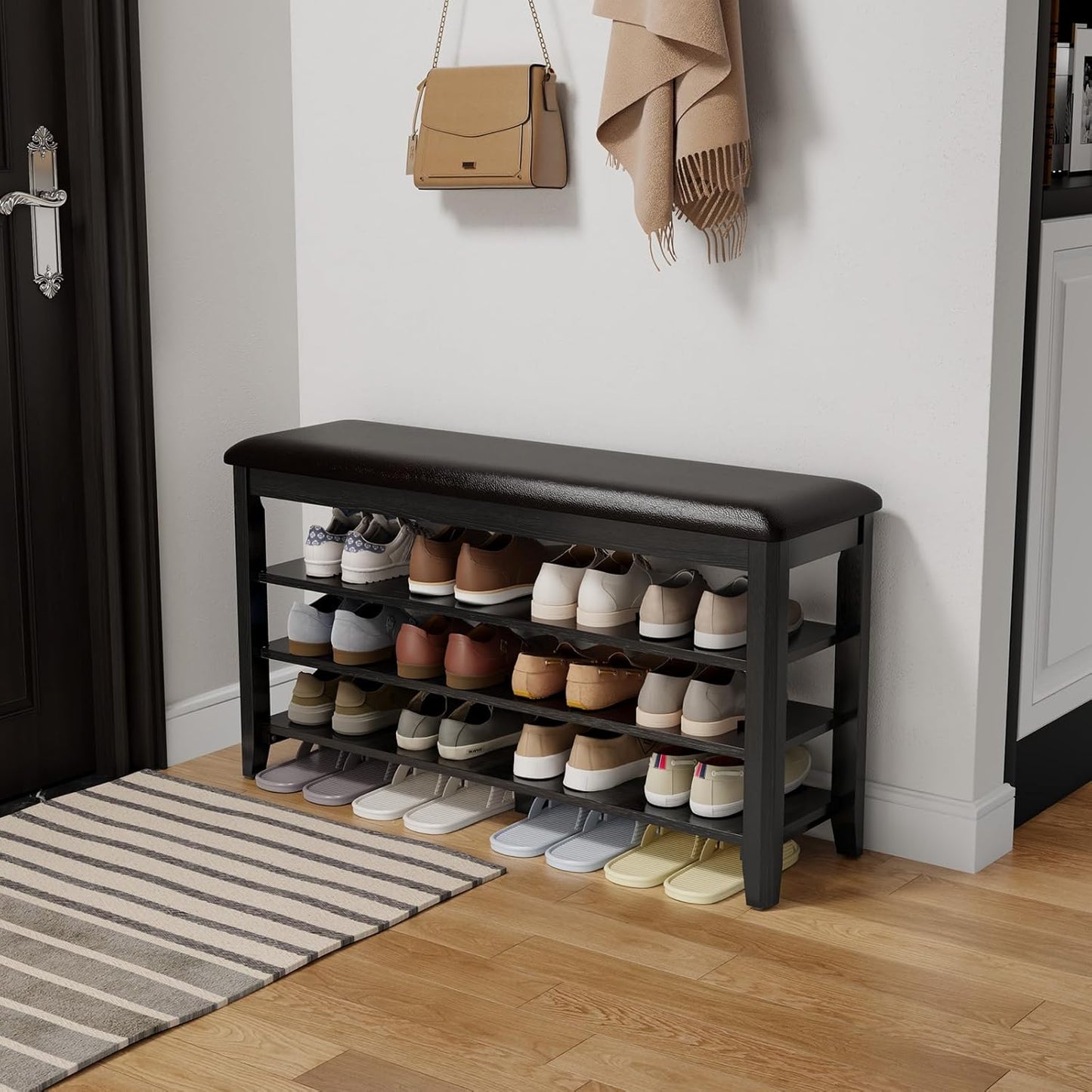 Shoe Bench with Leather Cushion and Adjustable Storage Tiers