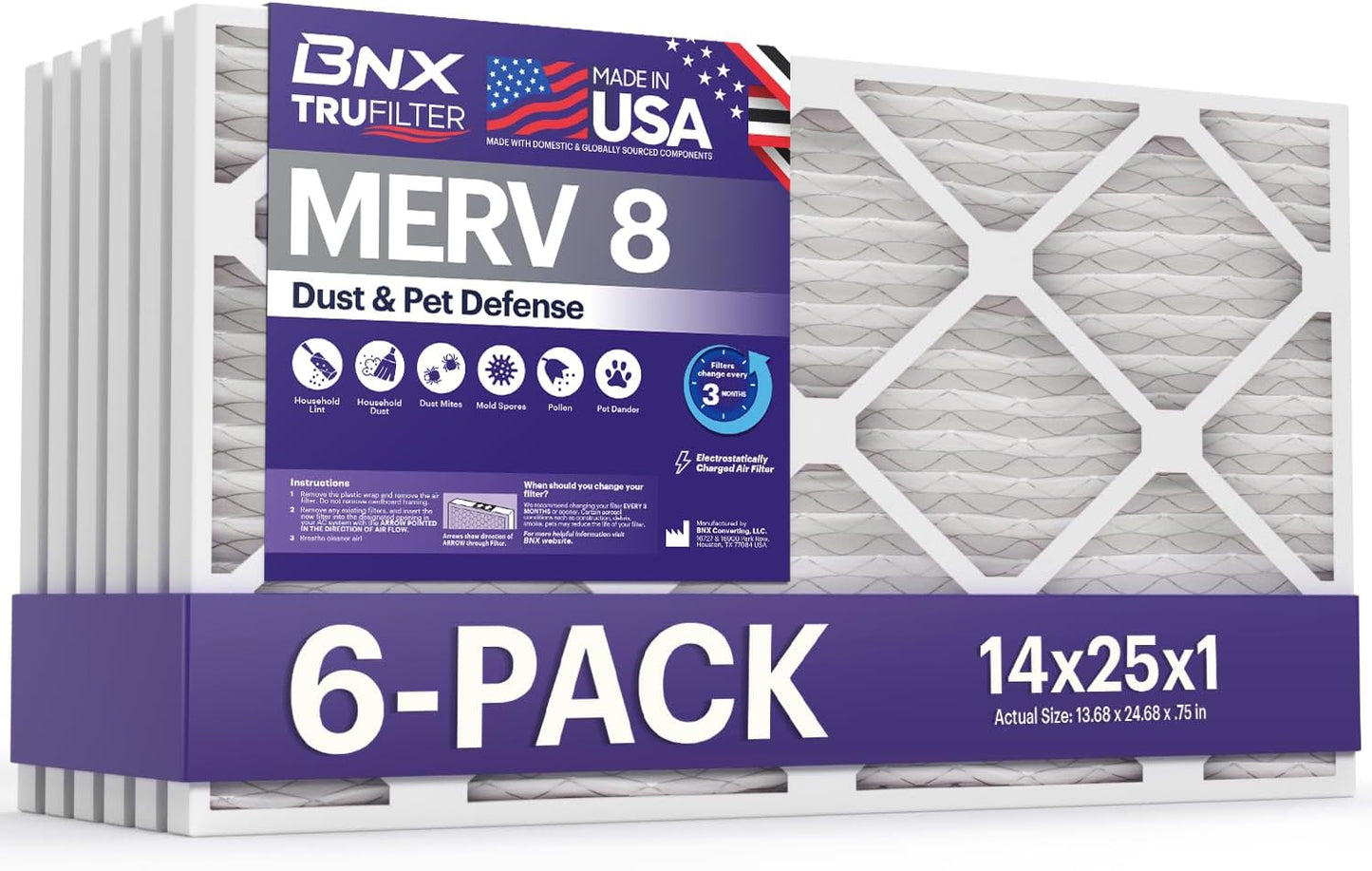 BNX TruFilter 14x25x1 Air Filter MERV 8 for Dust & Pet Defense