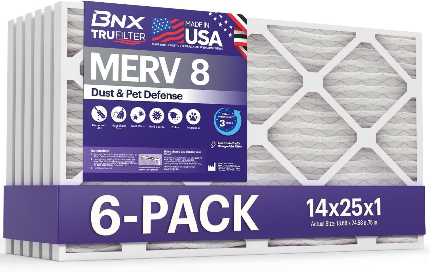 BNX TruFilter 14x25x1 Air Filter MERV 8 for Dust & Pet Defense