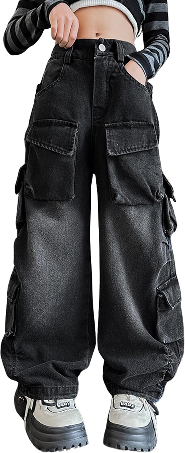 Rolanko Girls Cargo Pants Baggy Y2K Trousers for Ages 4-15