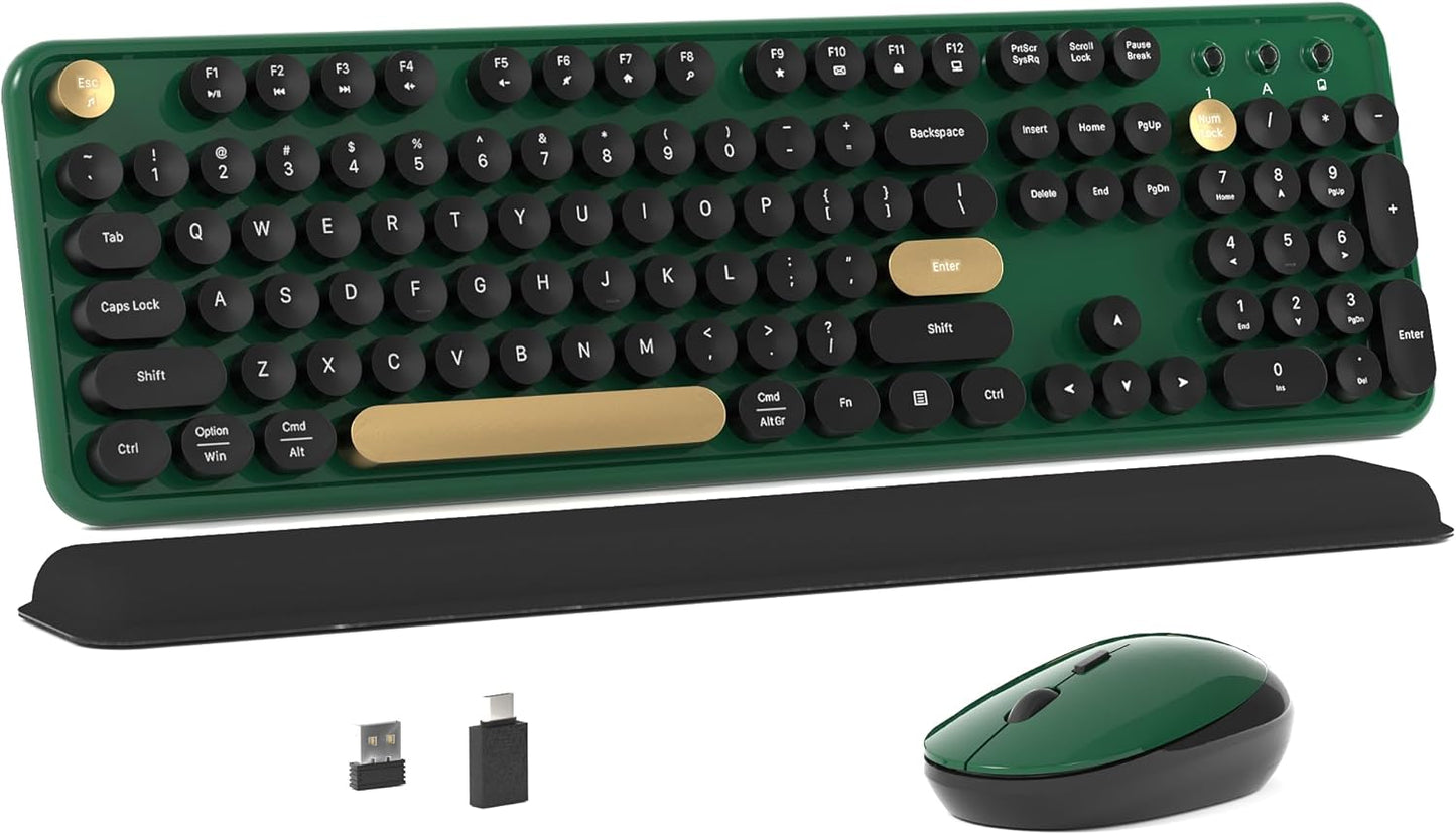 Retro Wireless Keyboard & Mouse Set - Ergonomic Design, 2.4GHz - Dark Green