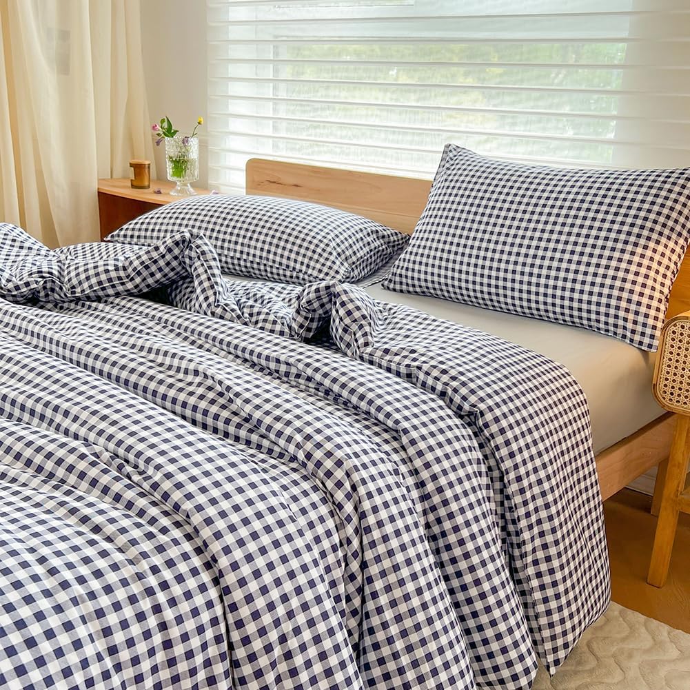 Navy Gingham Queen Comforter Set for Stylish Bedroom Decor