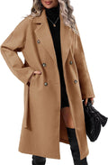 Women Elegant Wool Pea Coat with Belted Pockets - Mid-Long Winter Coat