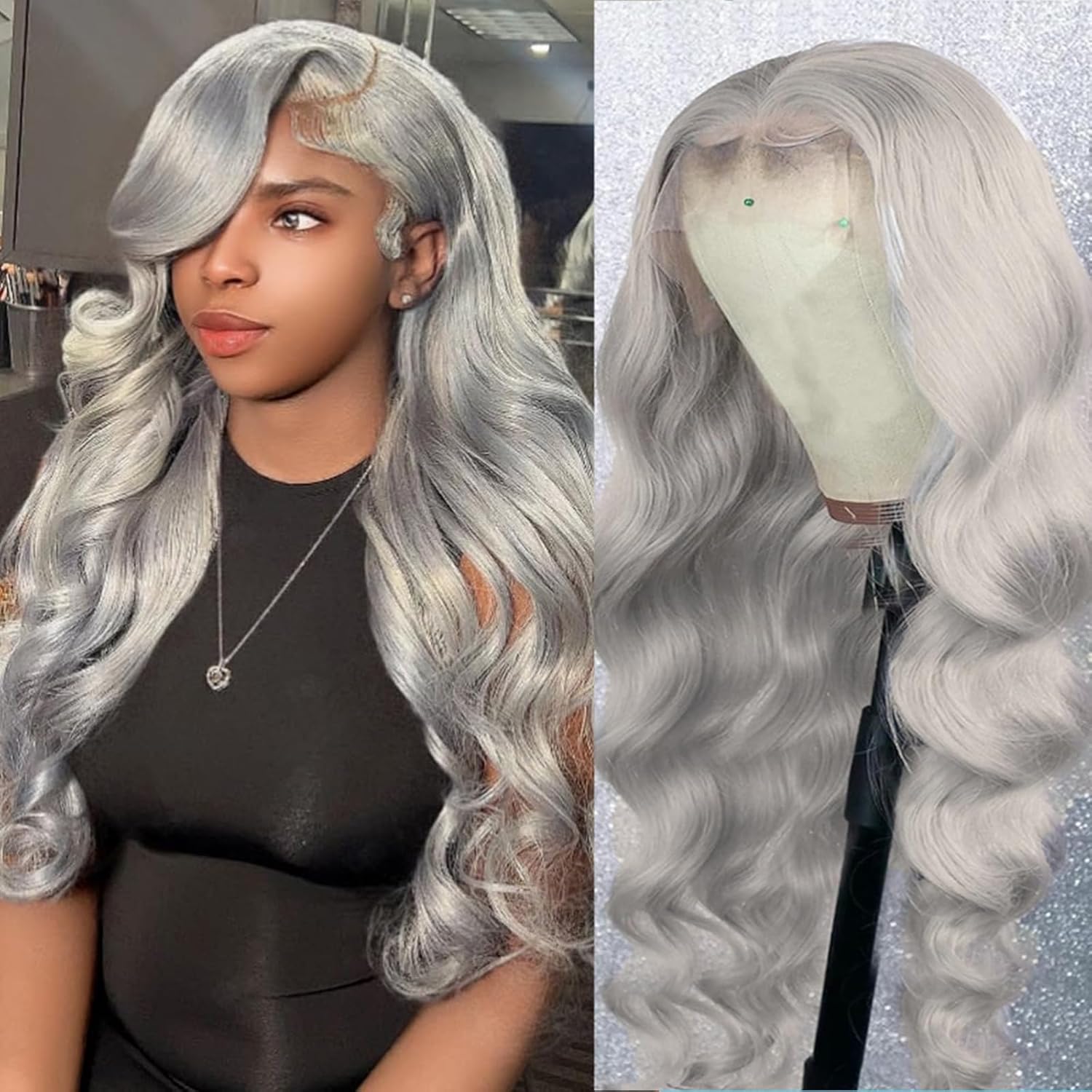 26 Inch Grey Body Wave Lace Front Wigs Human Hair for Women