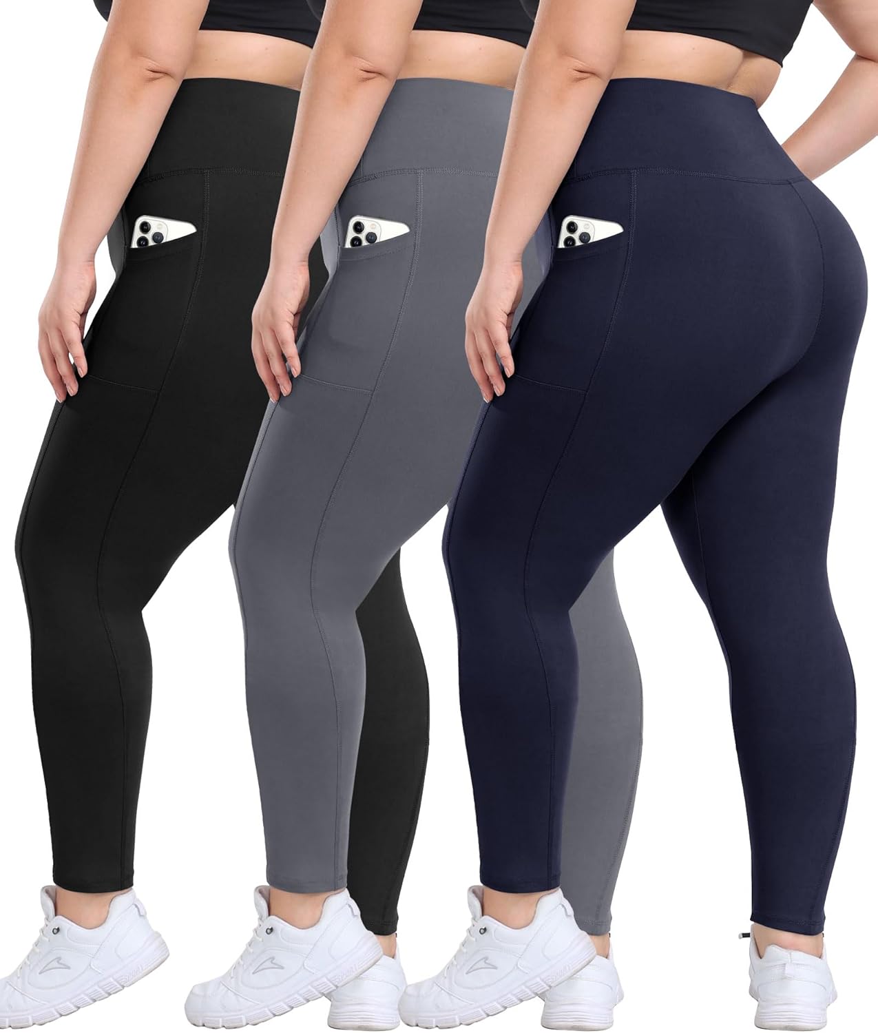 3 Pack Plus Size Leggings with Pockets for Women - Soft Workout Pants