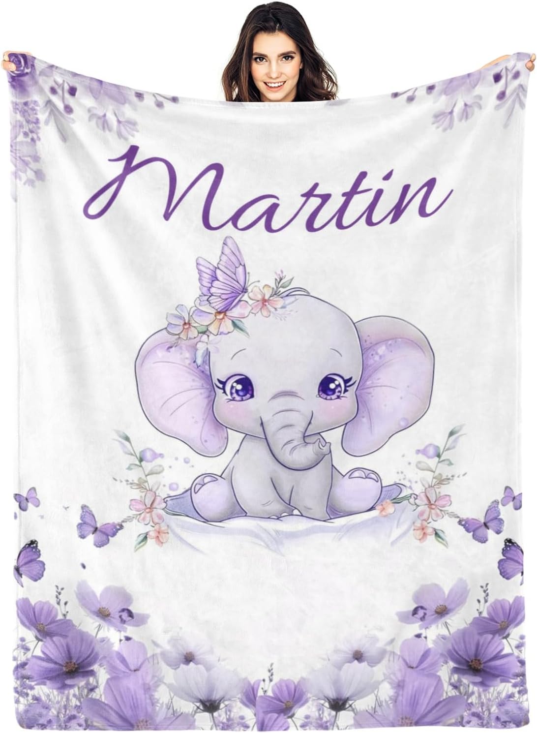 Custom Elephant Floral Baby Blanket - Personalized Gift