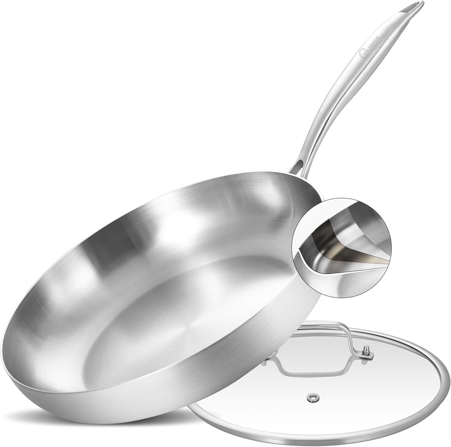 12 Inch Tri-Ply Stainless Steel Frying Pan with Lid for Cooking