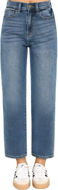 KDF Women's Cropped Straight Leg Jeans - High Waisted Slim Fit