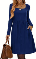 Womens Square Neck Knit Sweater Dress with Pockets - Versatile Fall