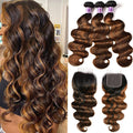 UNICE Brown Highlight Body Wave Human Hair 3 Bundles with 4x4 Closure