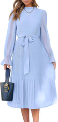 Floral Chiffon Midi Dress Puff Sleeve Mock Neck - Elegant Fall Midi