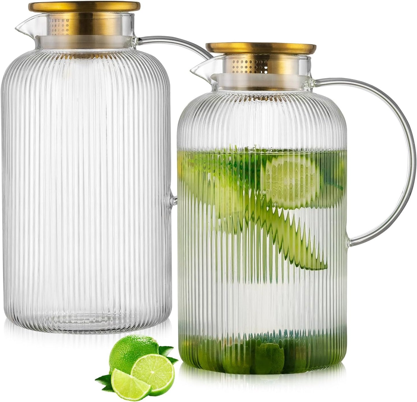 Classic Vertical Stripes Glass Pitcher with Lid for Beverages