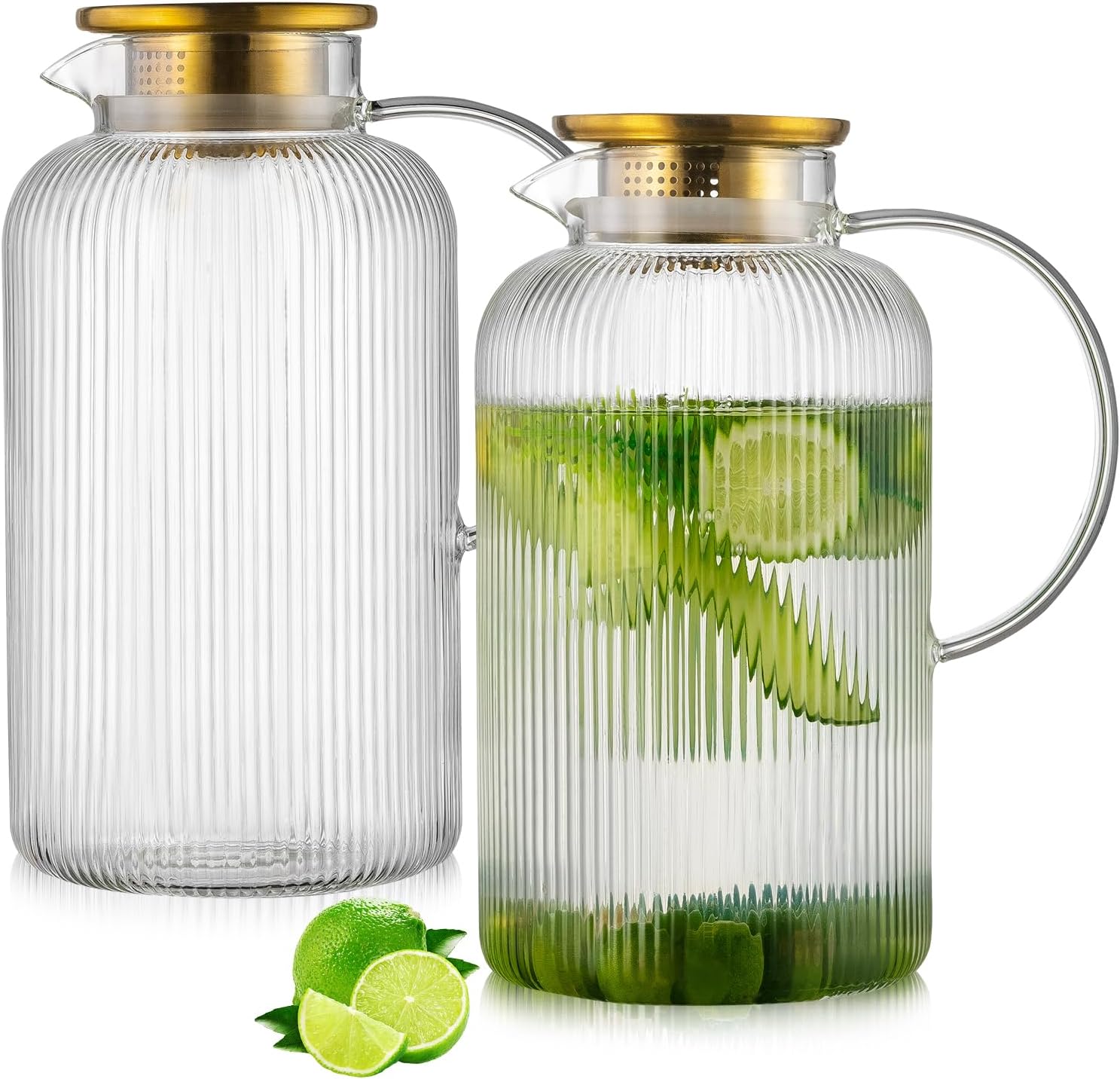 Classic Vertical Stripes Glass Pitcher with Lid for Beverages