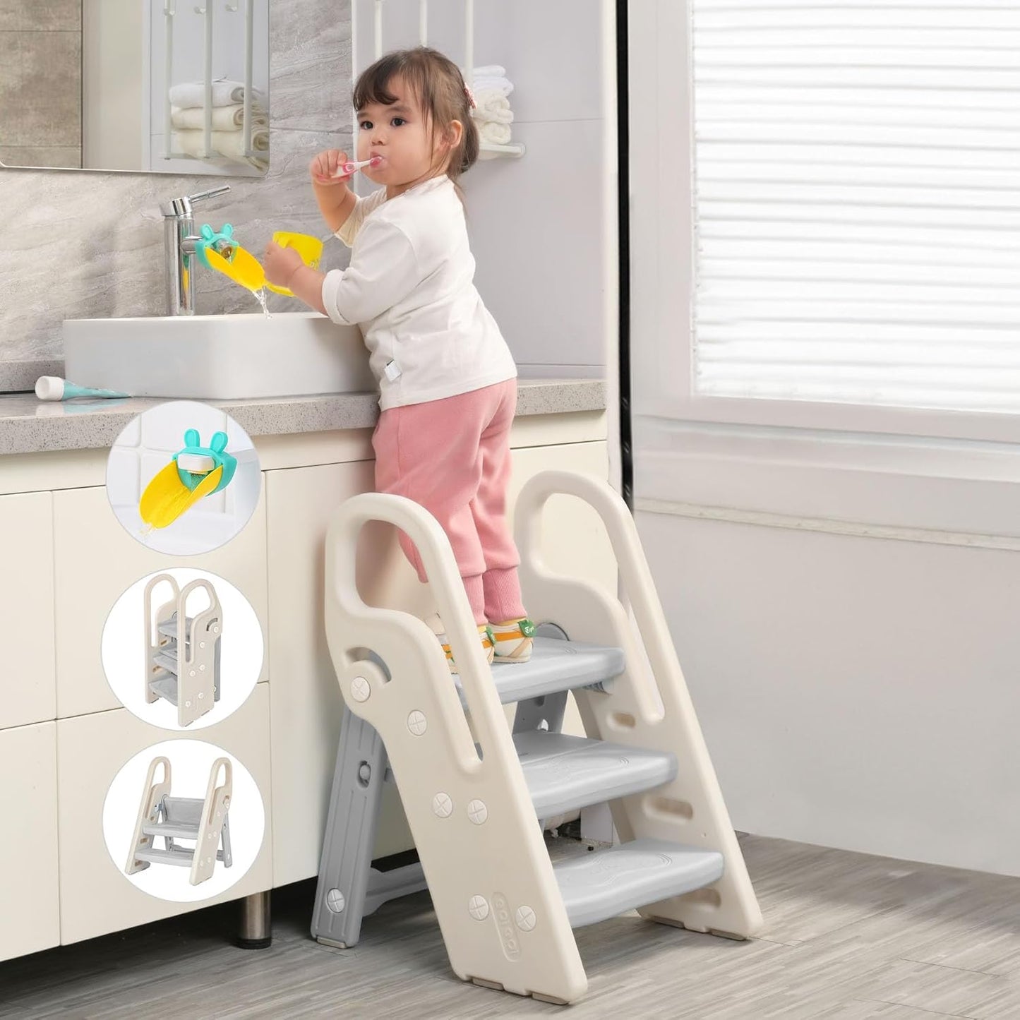 Onasti Foldable Step Stool for Kids - Adjustable 3 Step Ladder