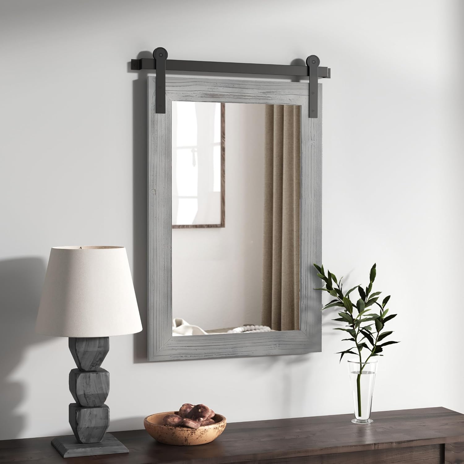 Farmhouse Barn Door Mirror - Rustic Wood Framed Decor