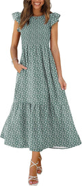 OFEEFAN Women's Casual Maxi Dresses with Pockets and Ruffle Sleeves