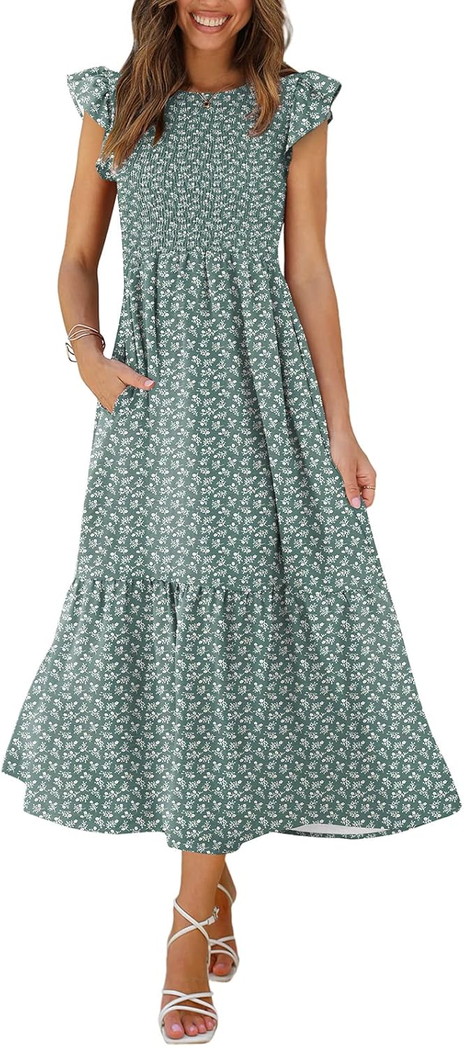 OFEEFAN Women's Casual Maxi Dresses with Pockets and Ruffle Sleeves