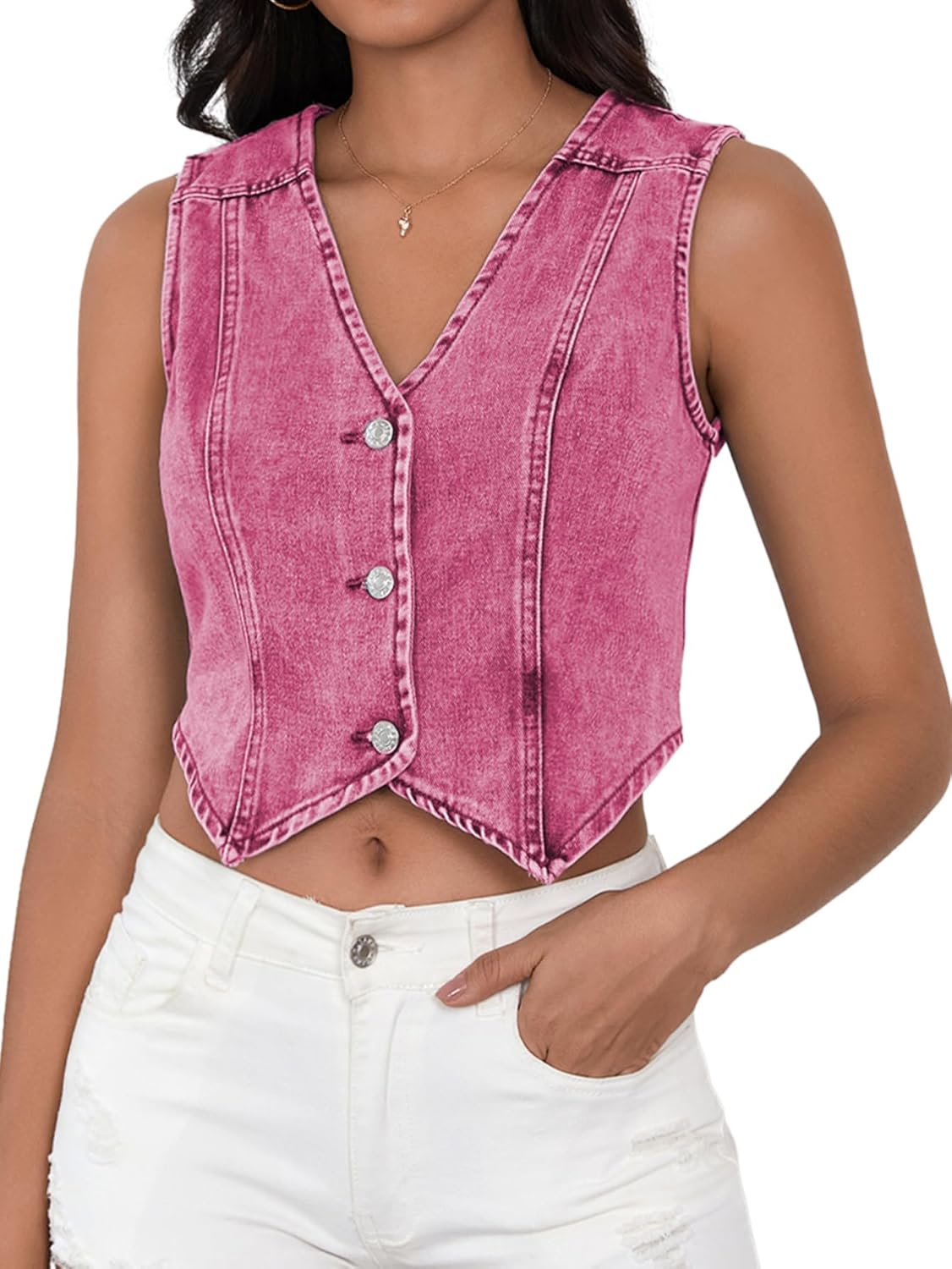 SHENHE Women's Denim Vest Button Down Sleeveless Jean Top