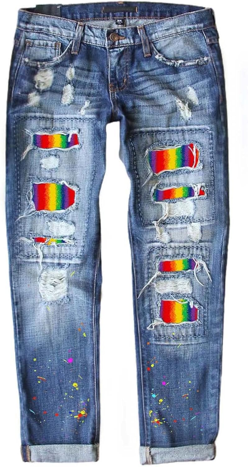 Astylish Womens Plaid Patch Ripped Boyfriend Distressed Jeans