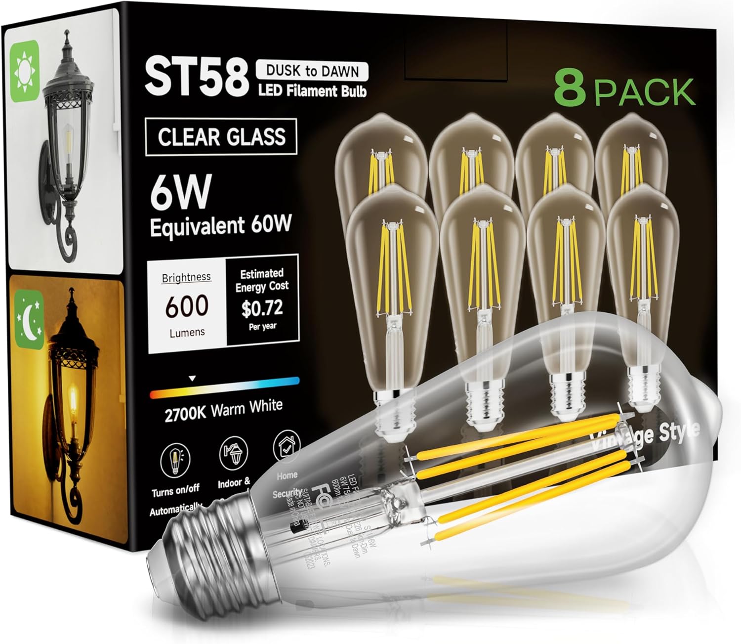 Dusk to Dawn Light Bulbs for Outdoor Use, 6W Equivalent 60W