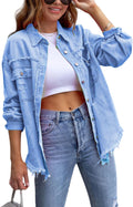 Perbai Oversized Ripped Denim Jacket with Frayed Hem - Casual Layering