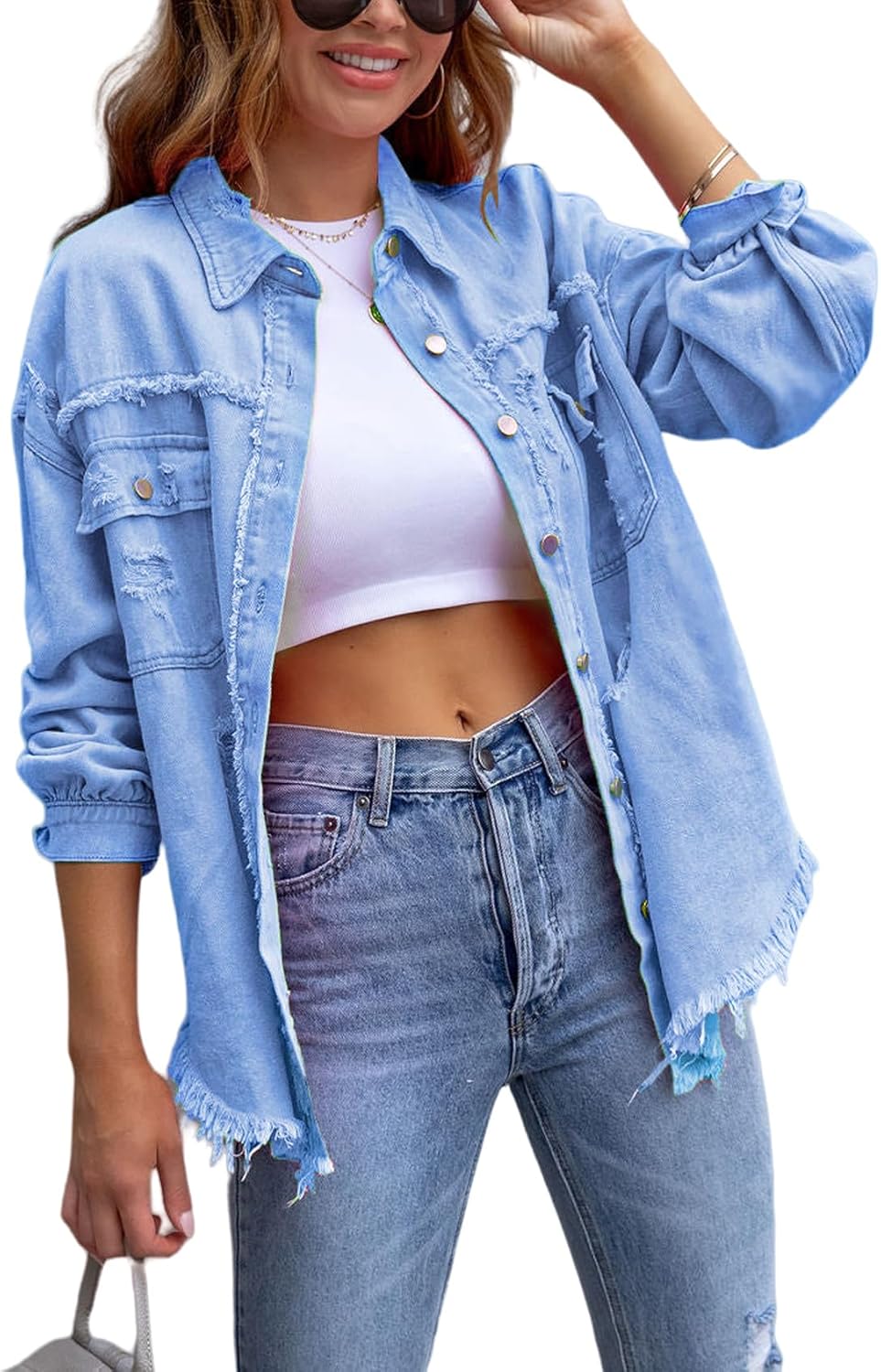 Oversized Ripped Denim Jacket for Women with Frayed Hem Style