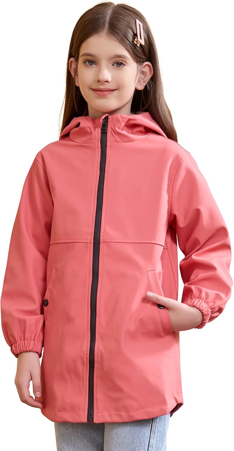 Kids Rain Jacket Hooded Waterproof Windproof for Ages 5-14