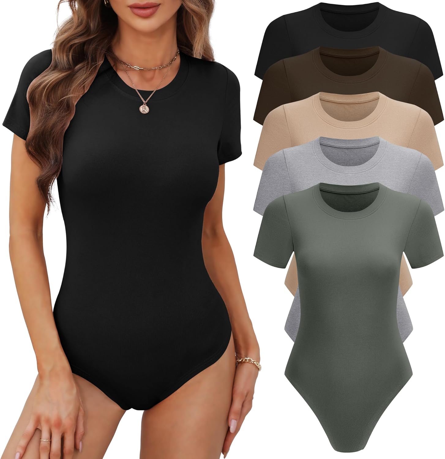 Womens Short Sleeve Round Neck Bodysuit Tops for Casual Wear