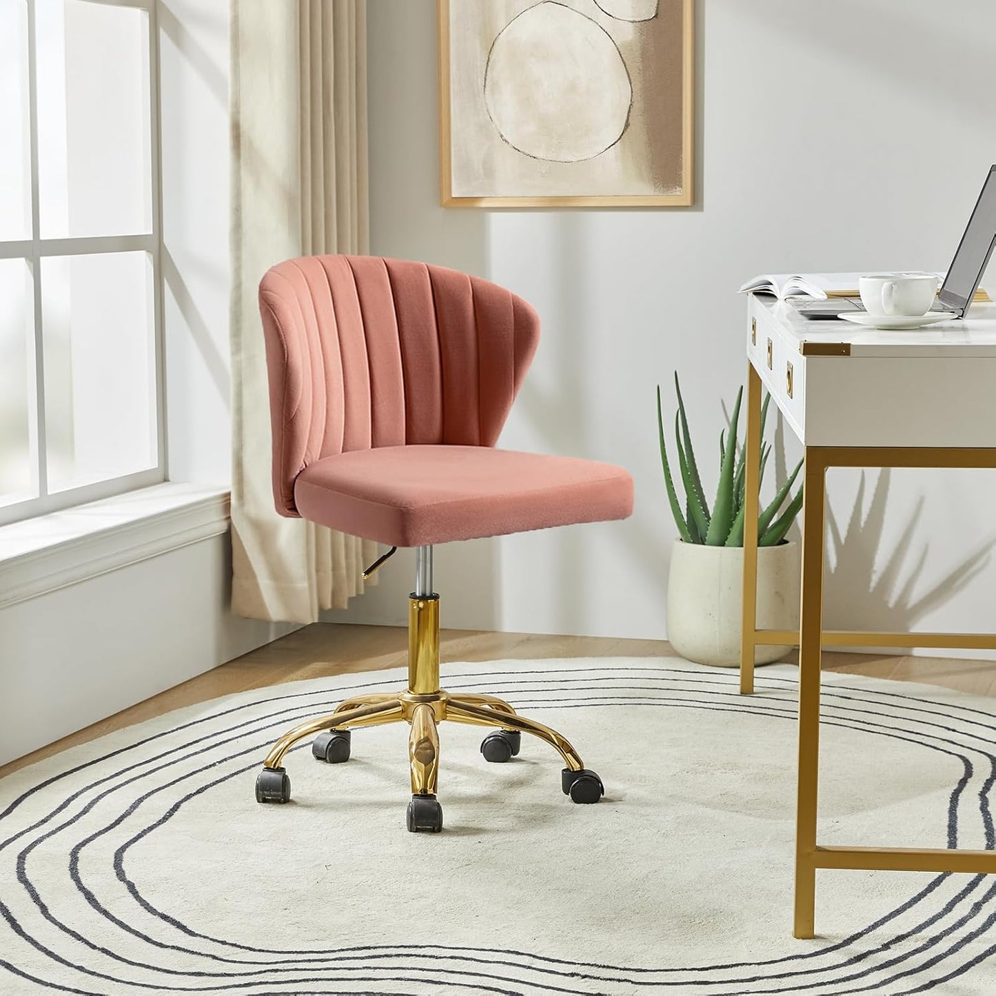 Chic Pink Vanity Chair with Gold Wheels