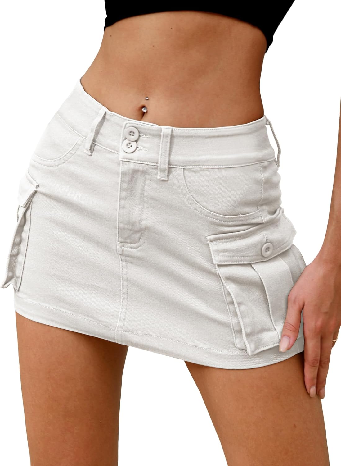 ELLEVEN High Stretchy Denim Cargo Skort for Women, Casual Mini