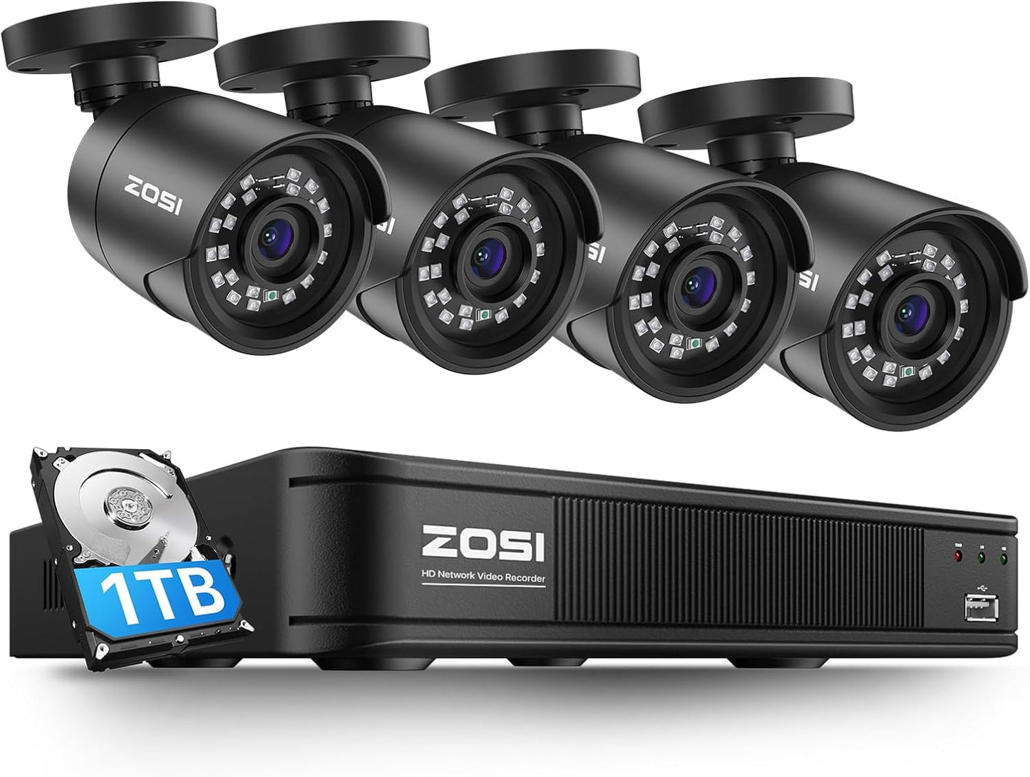 ZOSI 5MP AI Security System, 8CH DVR, 4 Cameras, Night Vision