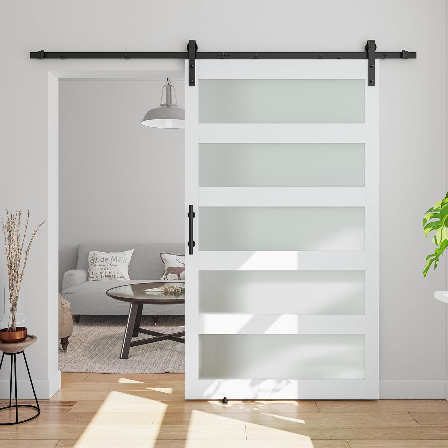 42in x 84in 5-Panel Sliding Glass Barn Door for Modern Homes