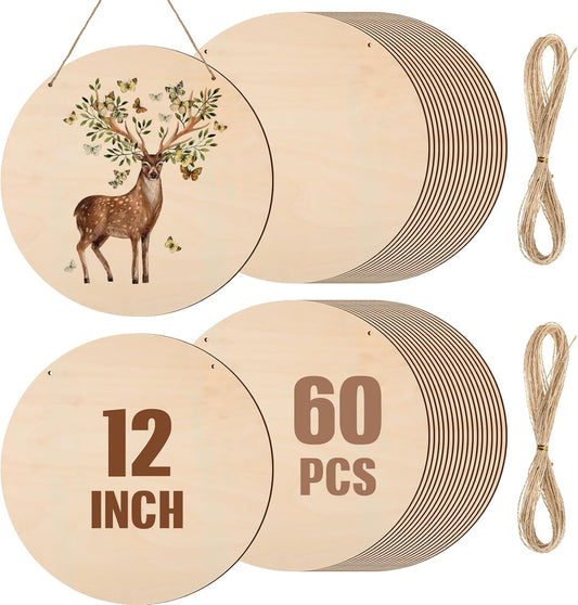 60 Pcs 12 Inch Wood Rounds for Crafts Unfinished Circle Signs