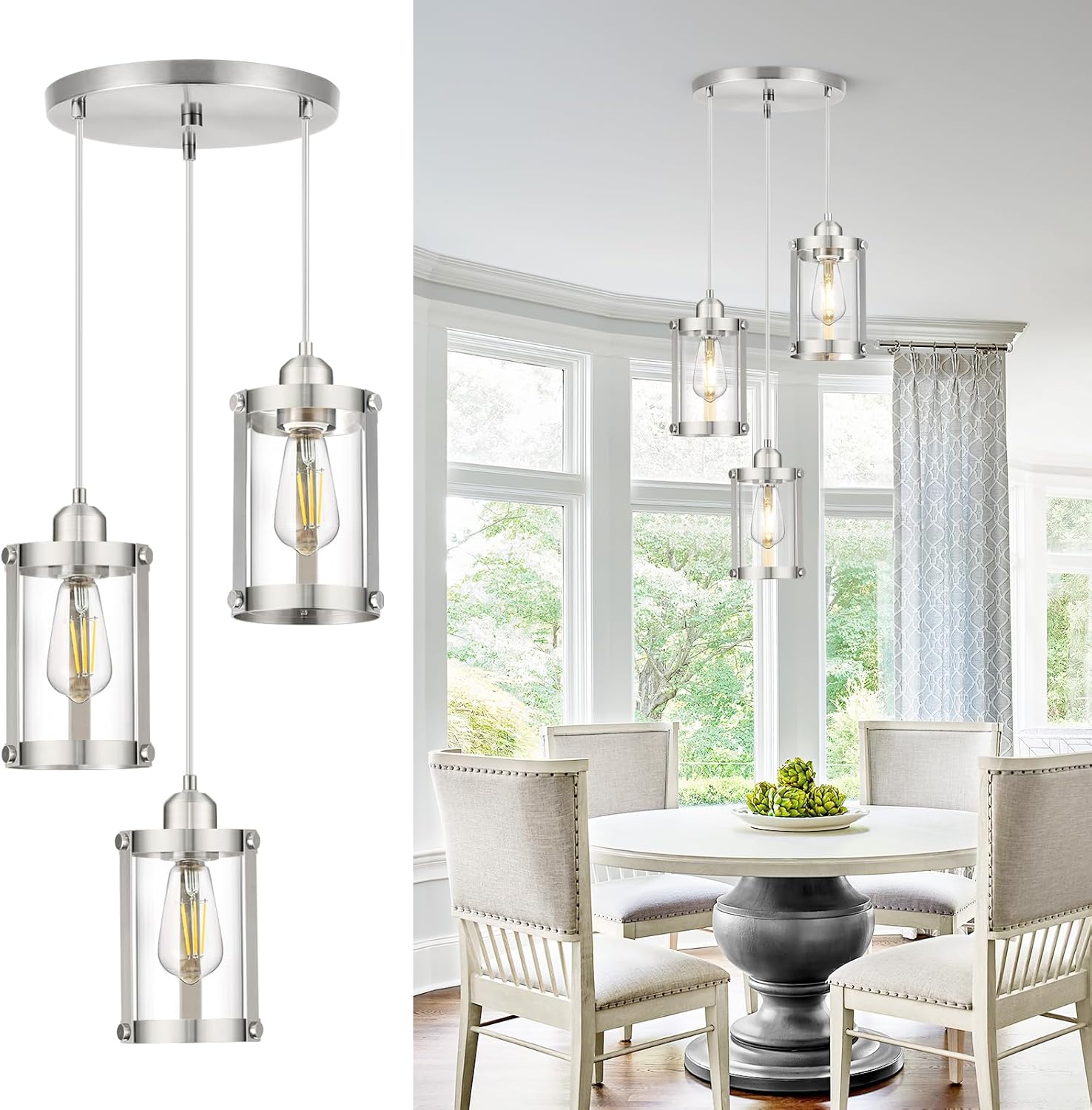 3-Light Pendant Lighting with Brushed Nickel Finish for Dining
