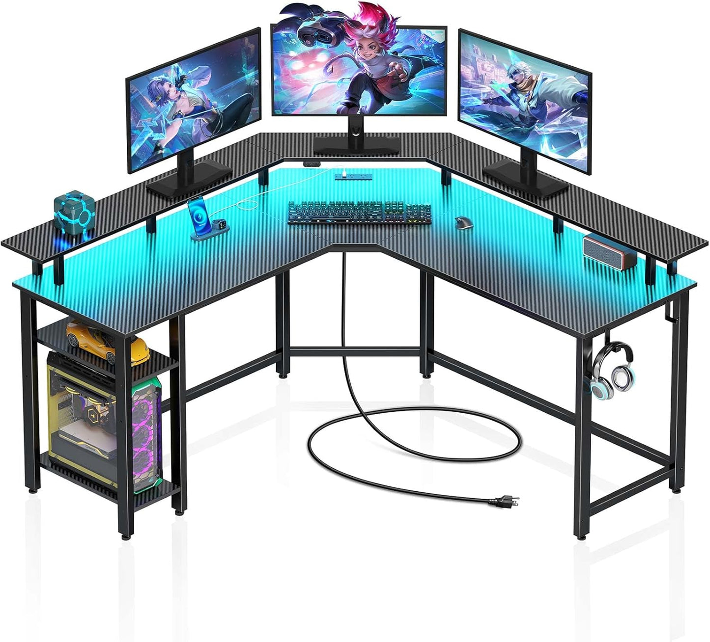 Rolanstar L-Shaped Gaming Desk: LED Lights, Power Outlets & Storage