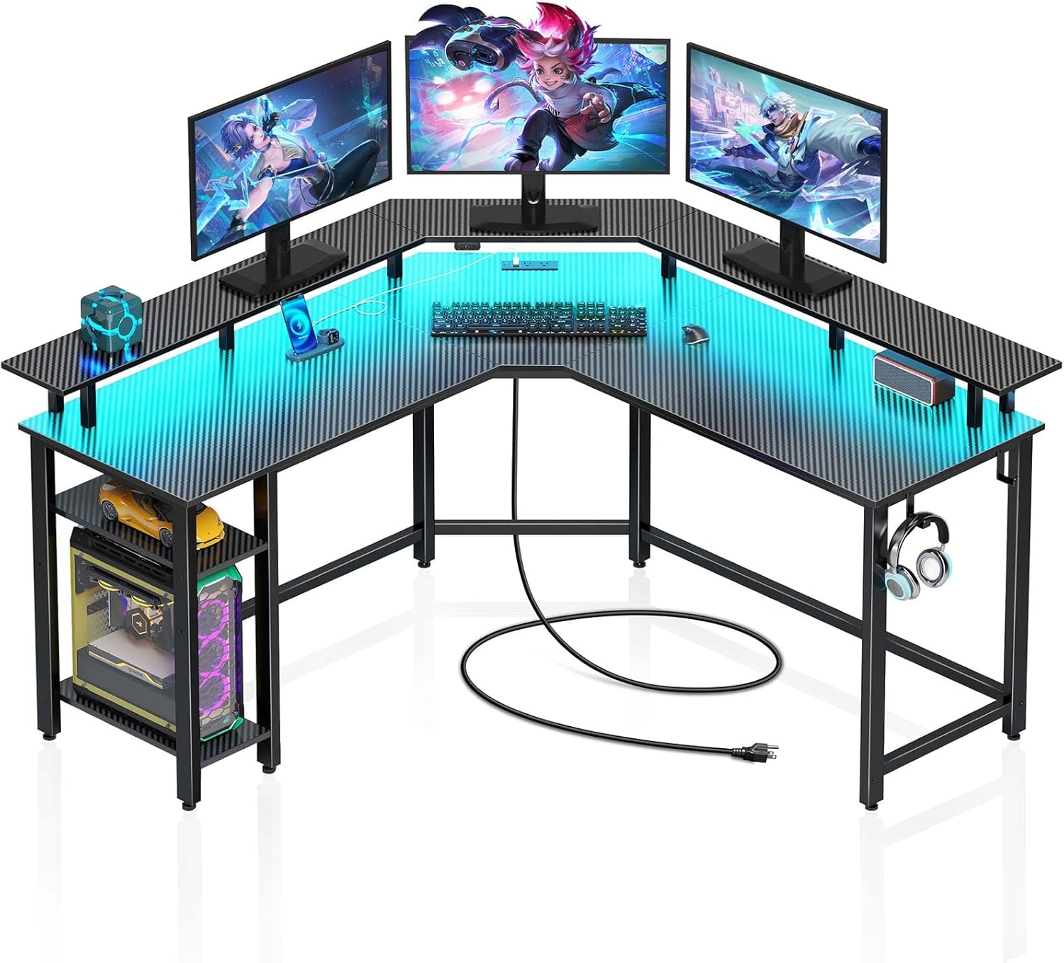 Rolanstar L-Shaped Gaming Desk: LED Lights, Power Outlets & Storage