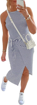 Sleeveless Striped Ruched Bodycon Tie Waist Midi Dress - Flattering It