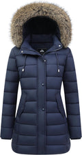 Women's Long Winter Down Puffer Coat with Removable Faux Fur Hood