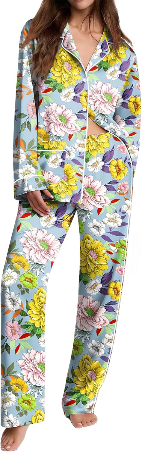 Ekouaer Womens Pajama Sets Soft Long Sleeve Silk Sleepwear