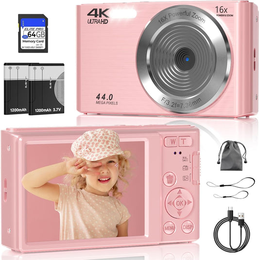 44MP 4K Digital Camera with 16X Zoom for Kids and Teens