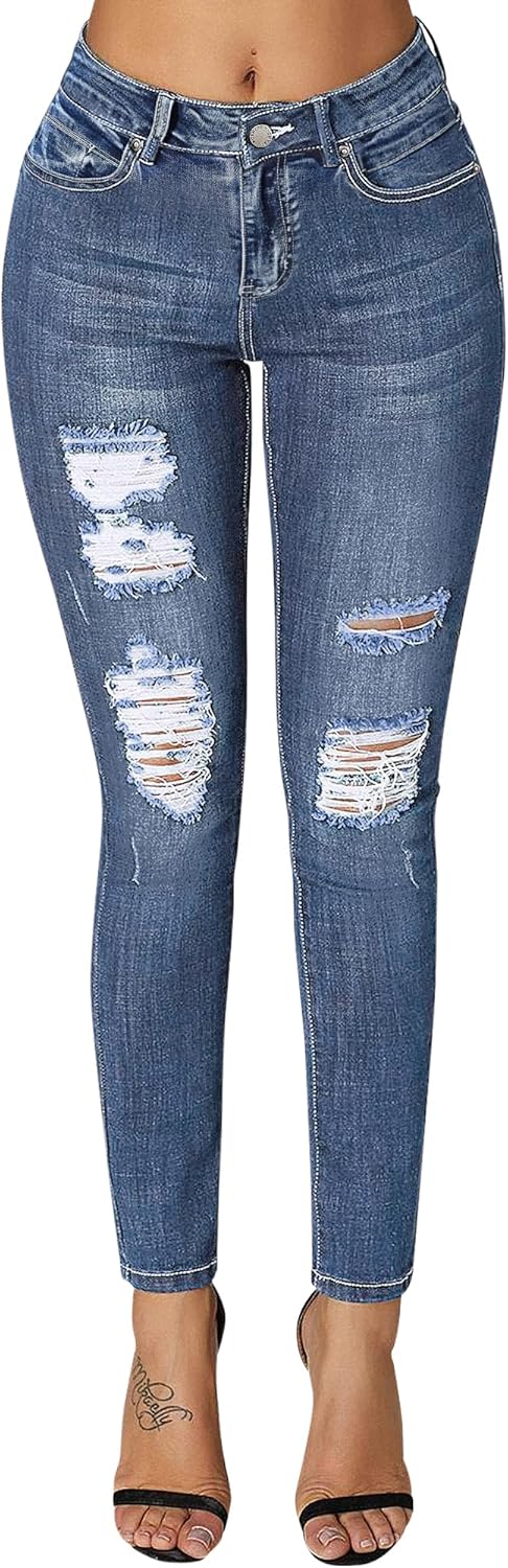 Roswear Women's Ripped Mid Rise Skinny Jeans for Stylish Comfort