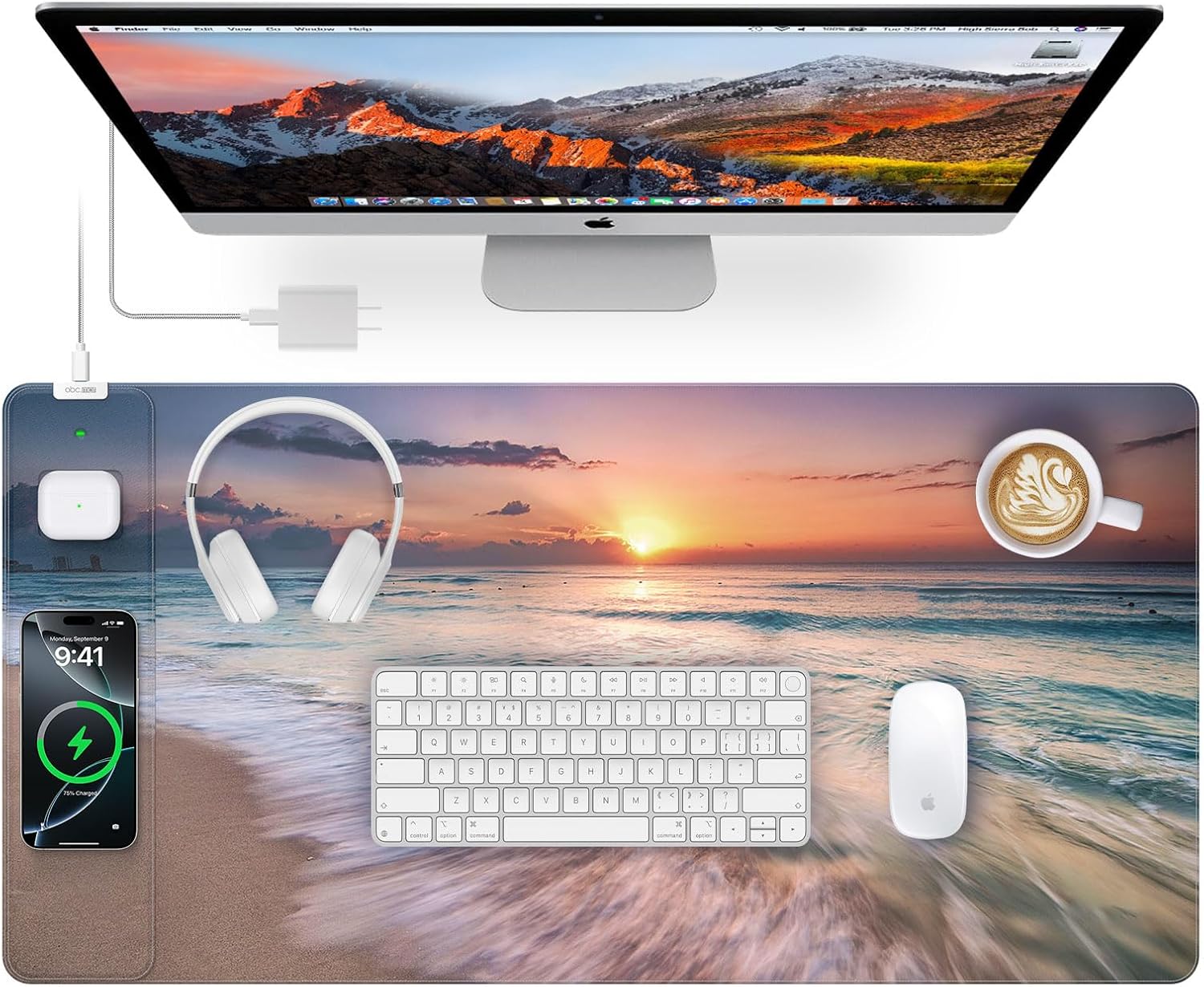 Wireless Charging Mouse Pad with Stunning Beach Sunset Design