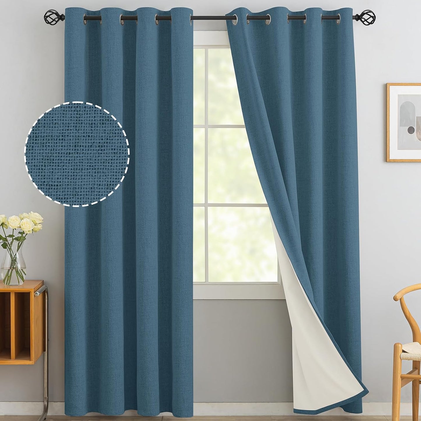 Yakamok Dusty Blue Linen Curtains 100% Blackout 84 Inches Long