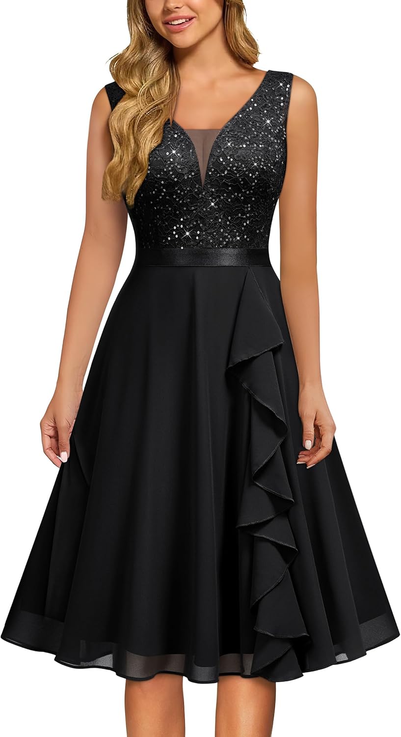 MISSMAY Women's Vintage V-Neck Sequin Formal Party Dress