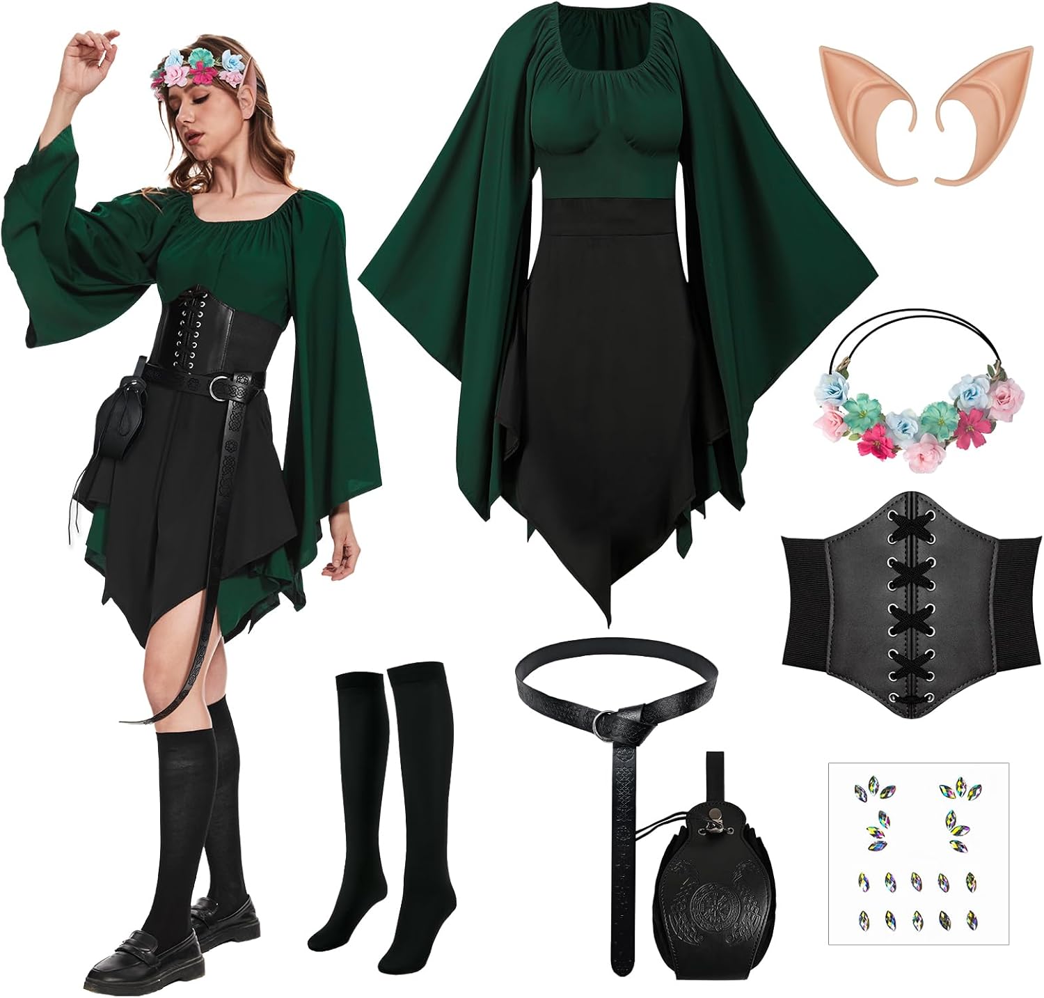 8PCS Women Elf Costume for Halloween Medieval Dress Set