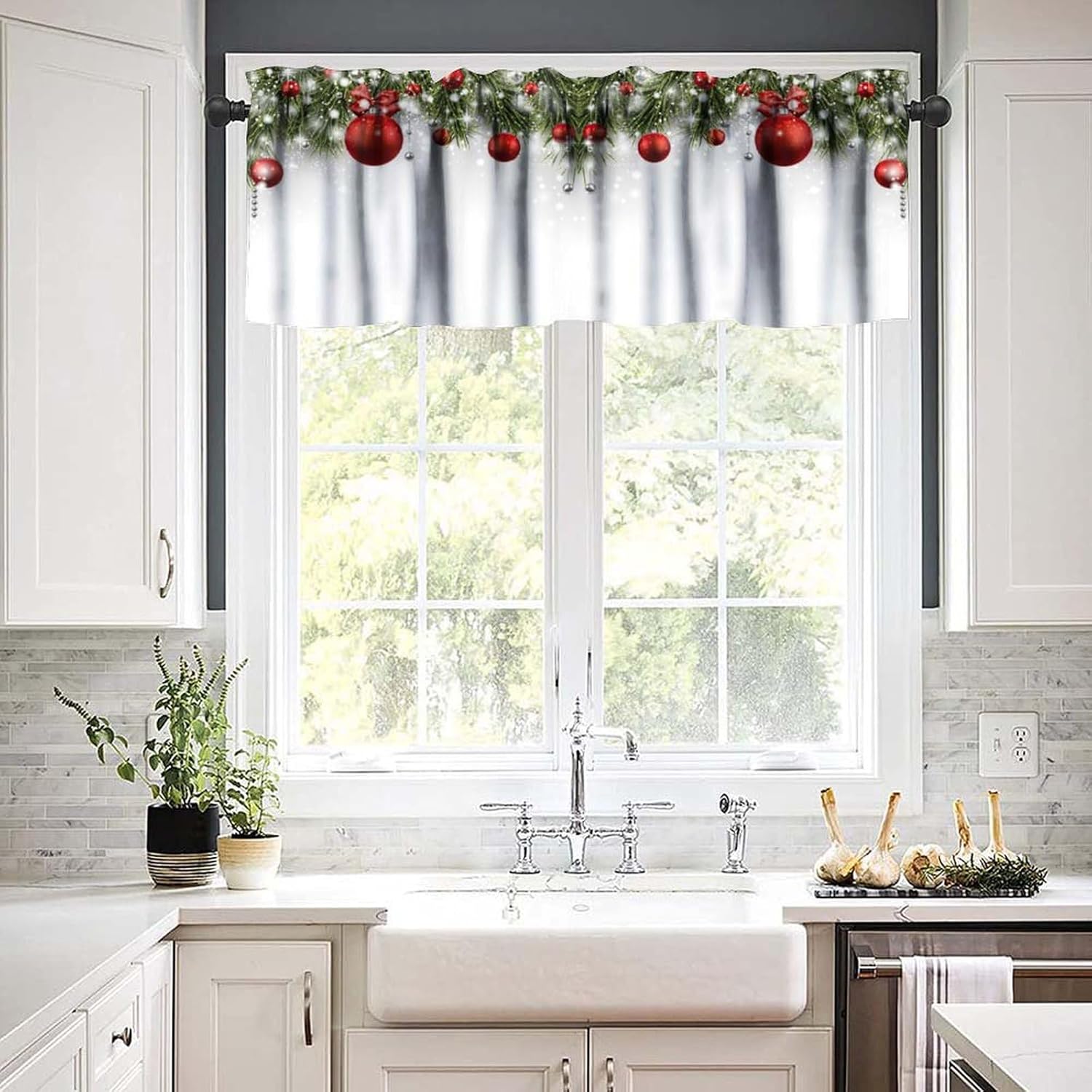 Christmas Bell Snow Kitchen Curtain - Festive 54x18