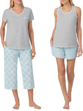 Women's 4-Piece 100% Cotton Pajama Set - V-Neck, Tank, Capri & Shorts